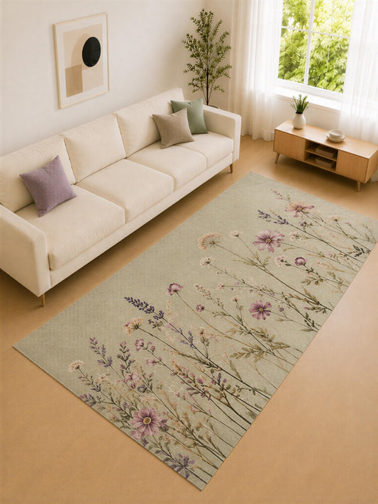 ICE ARMOR "Ultra Lightweight Large 6'7" x 9'10" Sage and Lavender Wildflower Meadow Area Rug for Living Room, Bedroom and Home Office, Soft Low Pile Carpet with Non-Slip Silicone Backing