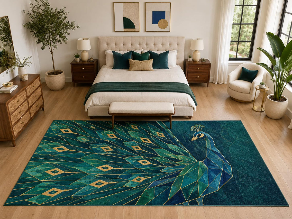 ICE ARMOR "Ultra Light Weight Large 6'7" x 9'10" Peacock Area Rug Carpet Soft Low Pile Indoor Rug and Non-Slip Silicone Backing Bedroom Teal Green