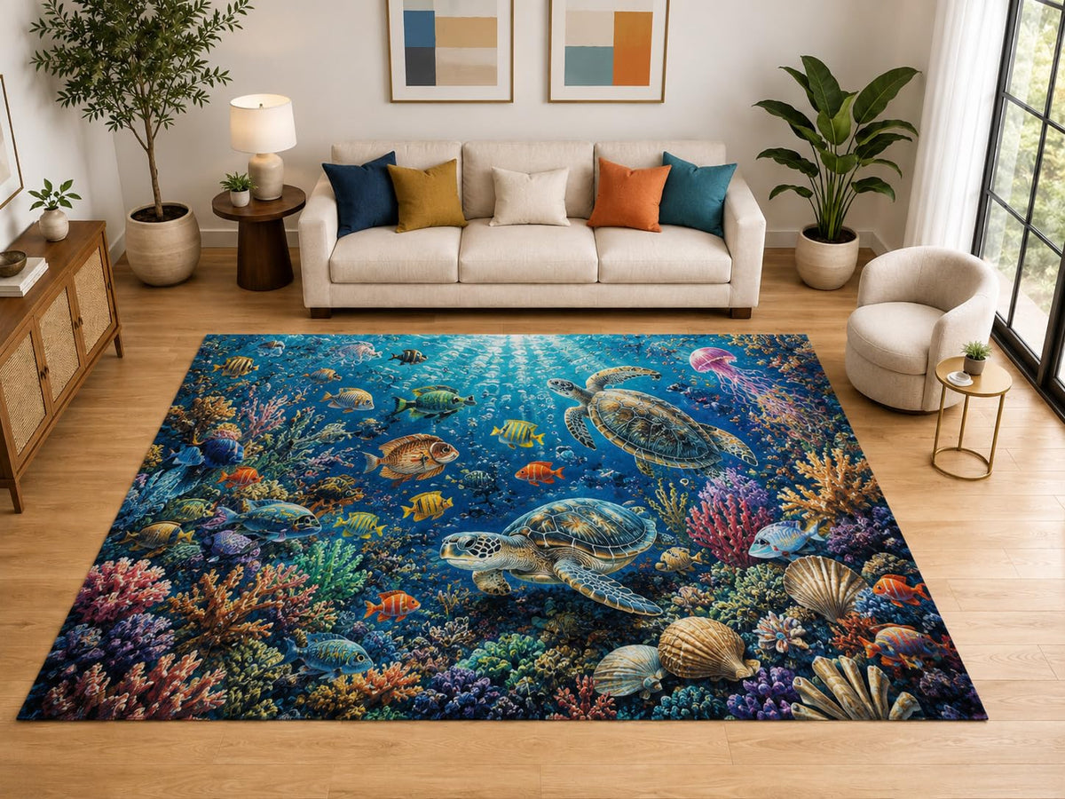 ICE ARMOR "Ultra Light Weight Large 6'7" x 9'10" Sea Turtle Reef Rug for Living Room, Soft Low Pile Indoor Rug and Non-Slip Silicone Backing, Blue