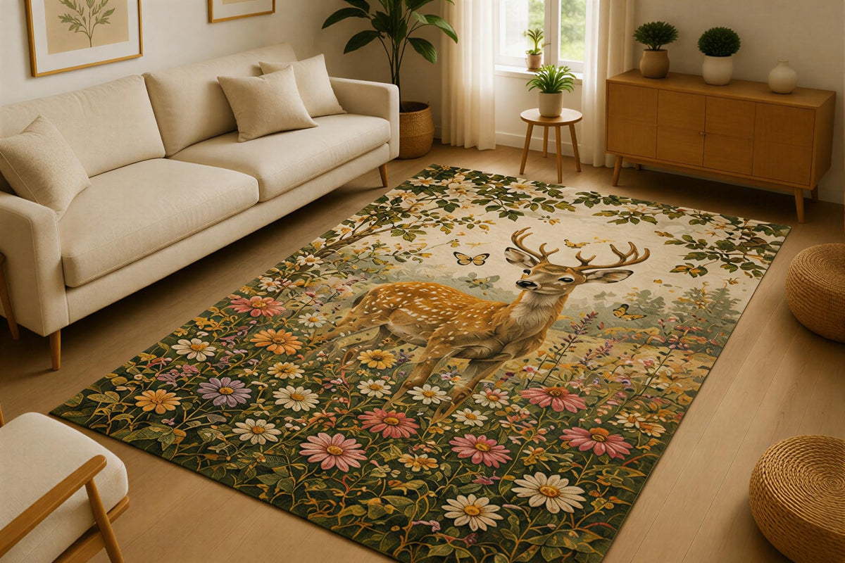 ICE ARMOR 5' x 7' Deer Wildflower Meadow Area Rug for Living Room, Soft Low Pile Indoor Rug with Non-Slip Silicone Backing, Woodland Nature Decor for Bedroom, Office, Family Room, Brown Green