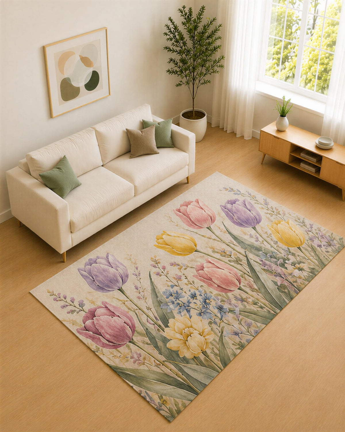 ICE ARMOR 5' x 7' Pastel Yellow and Lavender Tulip Meadow Area Rug for Living Room, Soft Low Pile Carpet with Non-Slip Silicone Backing, Decor for Bedroom and Home Office