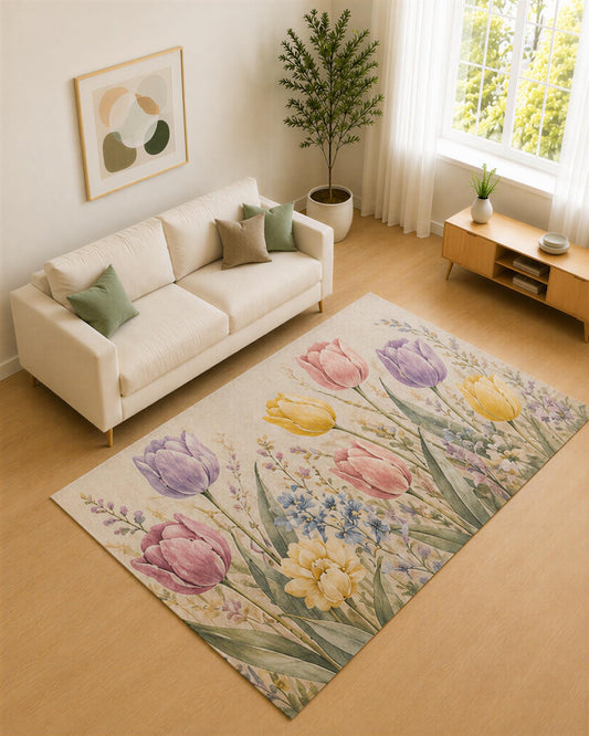 ICE ARMOR 5' x 7' Pastel Yellow and Lavender Tulip Meadow Area Rug for Living Room, Soft Low Pile Carpet with Non-Slip Silicone Backing, Decor for Bedroom and Home Office