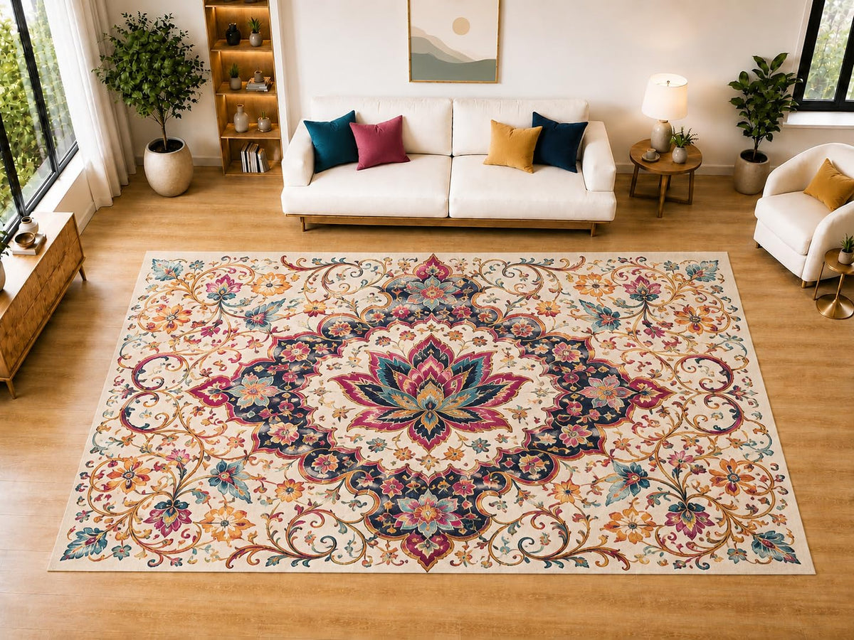 ICE ARMOR "Ultra Light Weight Large 6'7" x 9'10" Floral Crown Medallion Area Rug for Living Room, Bedroom, Dining Room, Soft Low Pile Non-Slip Backing, Ivory Pink Navy Orange