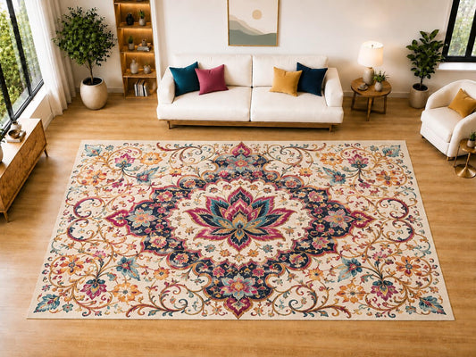 ICE ARMOR "Ultra Light Weight Large 6'7" x 9'10" Floral Crown Medallion Area Rug for Living Room, Bedroom, Dining Room, Soft Low Pile Non-Slip Backing, Ivory Pink Navy Orange