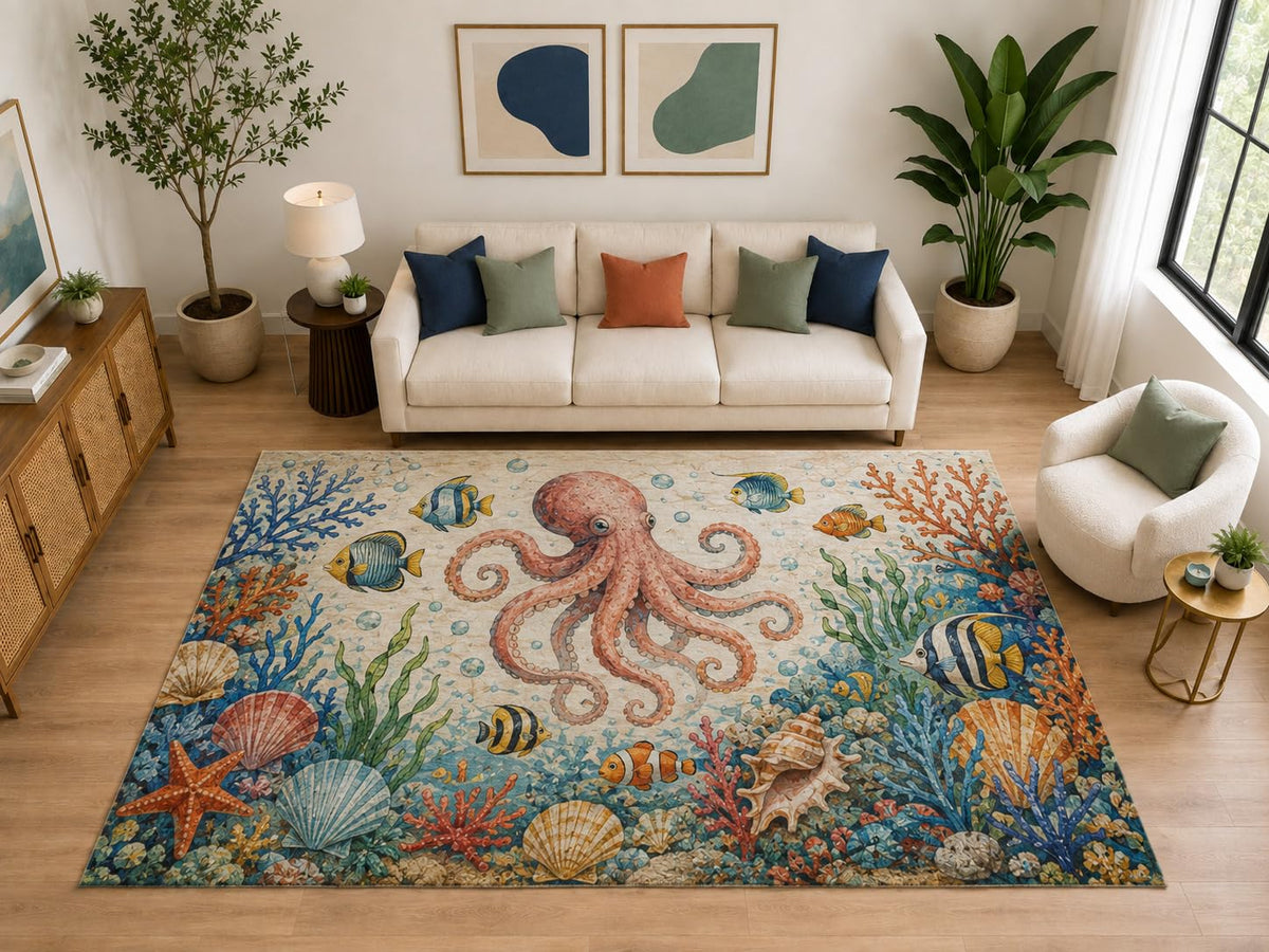 ICE ARMOR "Ultra Light Weight Large 6'7" x 9'10" Octopus Shell Reef for Kids Room, Soft Low Pile Indoor Rug and Non-Slip Silicone Backing, Beige