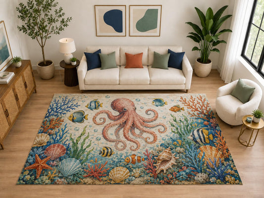 ICE ARMOR "Ultra Light Weight Large 6'7" x 9'10" Octopus Shell Reef for Kids Room, Soft Low Pile Indoor Rug and Non-Slip Silicone Backing, Beige