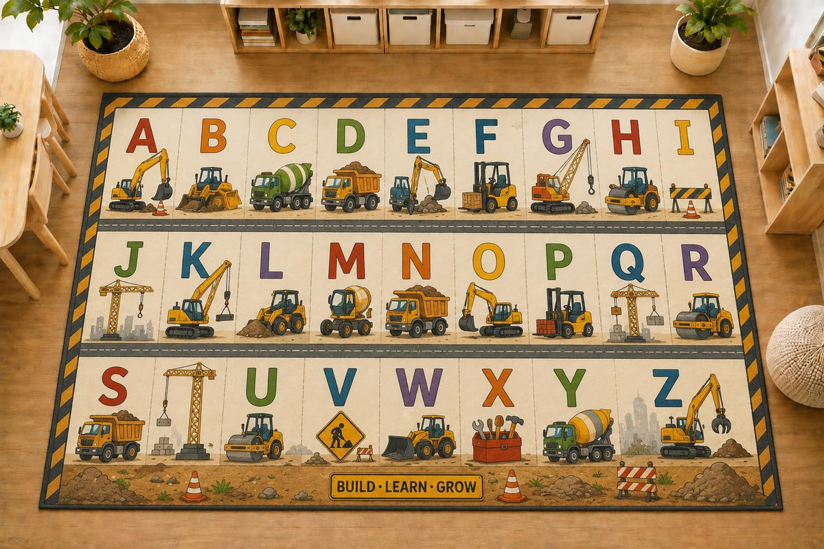 ICE ARMOR Large 6'7" x 9'10" Construction Alphabet Area Rug, Soft Low Pile Indoor Rug with Non-Slip Silicone Backing for Kids Room Playroom, Beige