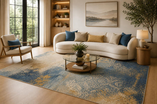 ICE ARMOR 6'7" x 9'10" Blue, Beige and Mustard Vintage Damask Area Rug for Living Room, Soft Low Pile Carpet with Non-Slip Backing for Bedroom, Dining Room and Home Office