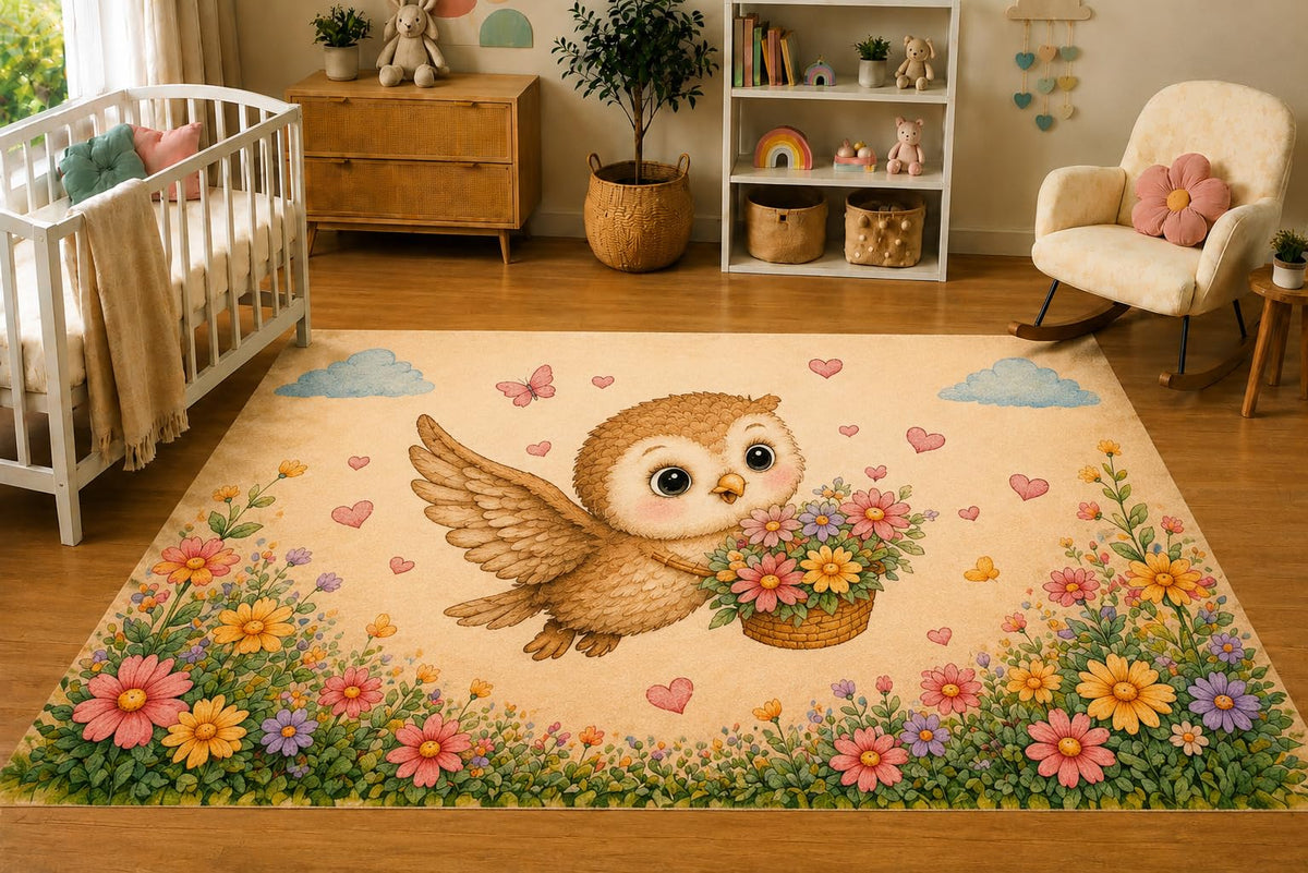 ICE ARMOR 5' x 7' Baby Owl with Flower Basket Area Rug, Soft Low Pile Indoor Rug with Non-Slip Silicone Backing, Nursery, Kids Room, Playroom, Kids & Pets, Beige Pastel