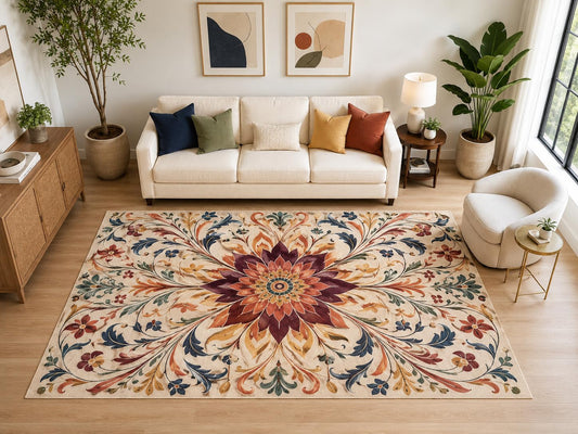 ICE ARMOR "Ultra Light Weight Large 6'7" x 9'10" Boho Floral Medallion Rug, Soft Low Pile Indoor Rug, Non-Slip Silicone Backing for Living Room Beige