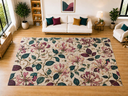 ICE ARMOR "Ultra Light Weight Large 6'7" x 9'10" Honeysuckle Vine Area Rug for Living Room Bedroom Dining Room, Soft Low Pile Non-Slip Backing, Pink Cream Burgundy Teal Vintage Floral Decor