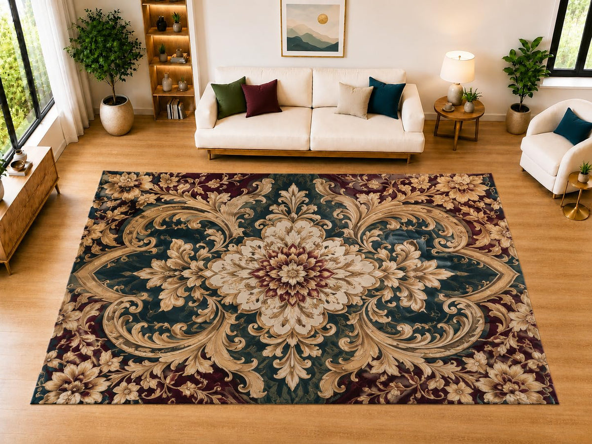 ICE ARMOR "Ultra Light Weight Large 6'7" x 9'10" Baroque Floral Crest Area Rug for Living Room, Bedroom, Dining Room, Soft Low Pile Non-Slip Backing, Teal Burgundy Ivory