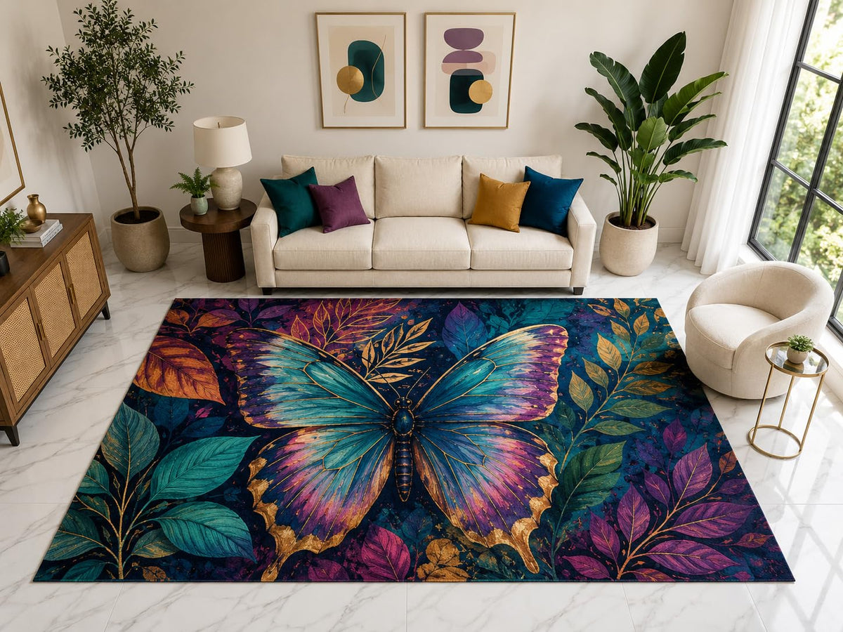 ICE ARMOR "Ultra Light Weight Large 6'7" x 9'10" Butterfly Botanical Rug, Soft Low Pile Indoor Rug, Non-Slip Silicone Backing for Living Room Teal