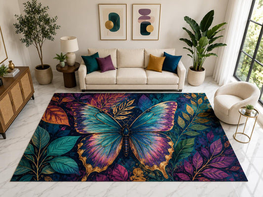 ICE ARMOR "Ultra Light Weight Large 6'7" x 9'10" Butterfly Botanical Rug, Soft Low Pile Indoor Rug, Non-Slip Silicone Backing for Living Room Teal