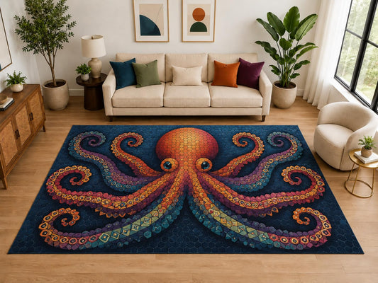 ICE ARMOR "Ultra Light Weight Large 6'7" x 9'10" Mosaic Octopus Rug, Soft Low Pile Indoor Rug, Non-Slip Silicone Backing for Bedroom Navy