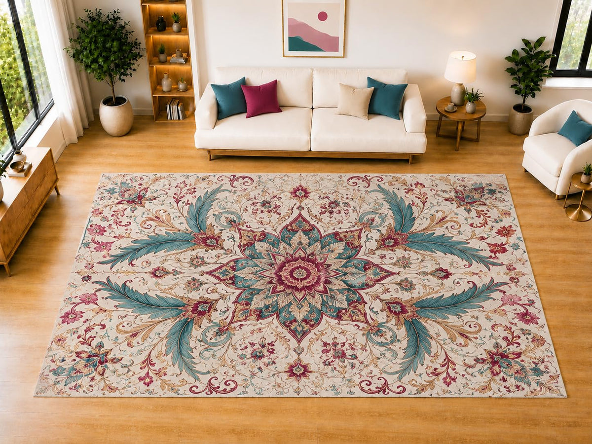 ICE ARMOR "Ultra Light Weight Large 6'7" x 9'10" Feathered Floral Medallion Area Rug for Living Room, Bedroom, Dining Room, Soft Low Pile Non-Slip Backing, Teal Berry Cream