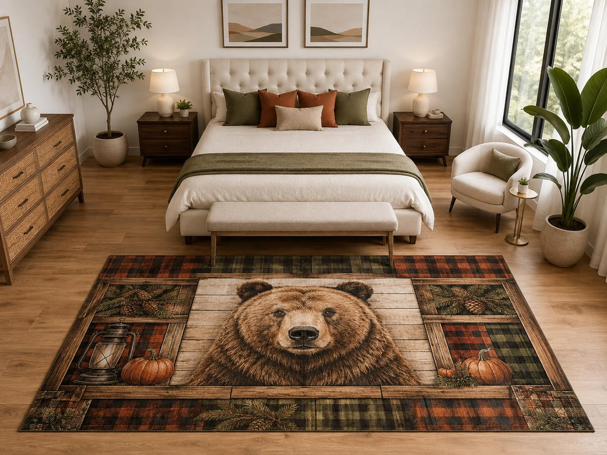 ICE ARMOR "Ultra Light Weight Large 6'7" x 9'10" Bear Plaid Pumpkin Area Rug, Soft Low Pile Indoor Rug, Non-Slip Silicone Backing, Family Room, Brown