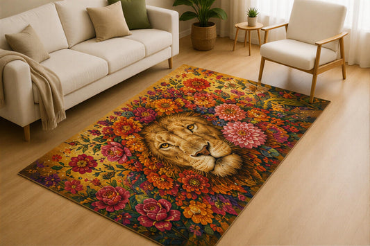 ICE ARMOR 5' x 7' Floral Lion Area Rug for Living Room, Soft Low Pile Indoor Rug with Non-Slip Silicone Backing, Botanical Wildlife Carpet for Bedroom, Office, Family Room, Yellow Multicolor