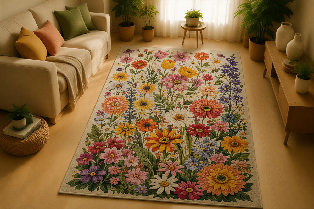 ICE ARMOR 5' x 7' Rainbow Wildflower Garden Area Rug for Living Room, Soft Low Pile Indoor Rug with Non-Slip Silicone Backing, Decorative Carpet for Bedroom, Nursery, Family Room, Kids &