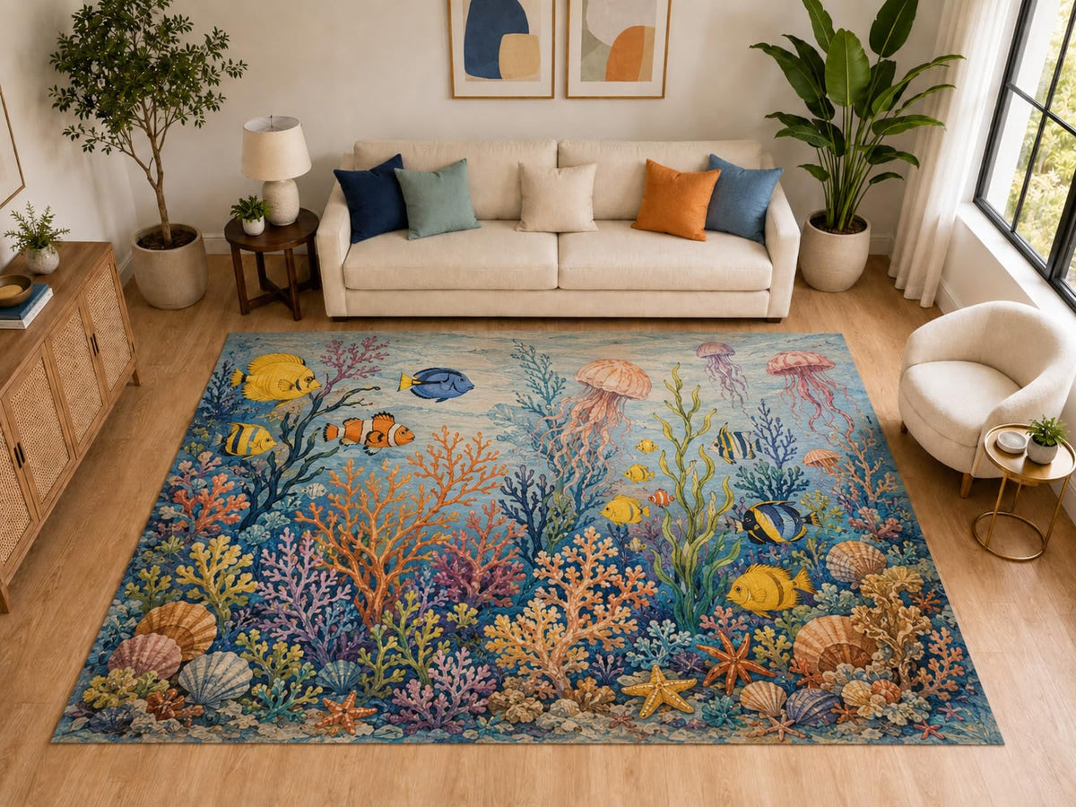 ICE ARMOR "Ultra Light Weight Large 6'7" x 9'10" Jellyfish Tropical Reef Area Rug for Bedroom, Soft Low Pile Indoor Rug and Non-Slip Silicone Backing, Light Blue
