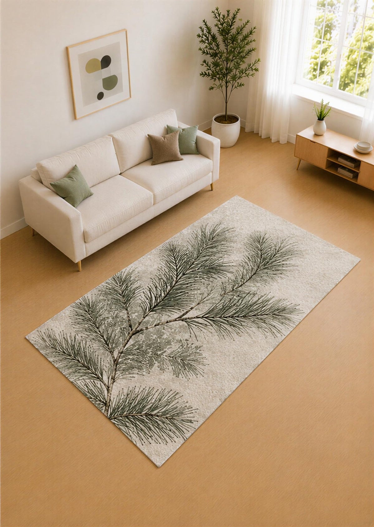 ICE ARMOR 5' x 7' Sage Green and Cream Winter Branches Area Rug for Living Room, Soft Low Pile Carpet with Non-Slip Silicone Backing, Decor for Bedroom and Home Office