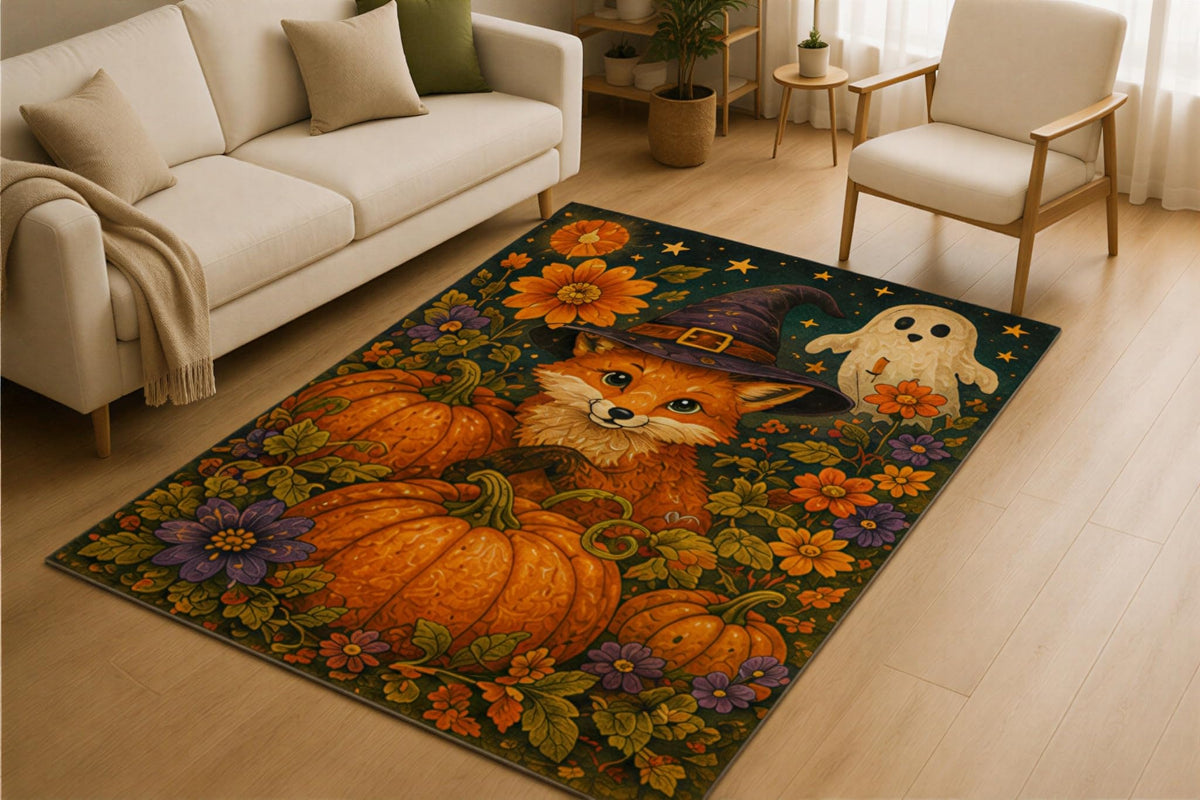 ICE ARMOR 5' x 7' Halloween Fox Pumpkin Area Rug for Living Room, Soft Low Pile Indoor Rug with Non-Slip Silicone Backing, Spooky Autumn Carpet for Bedroom, Playroom, Kids & Pets, Black Orange