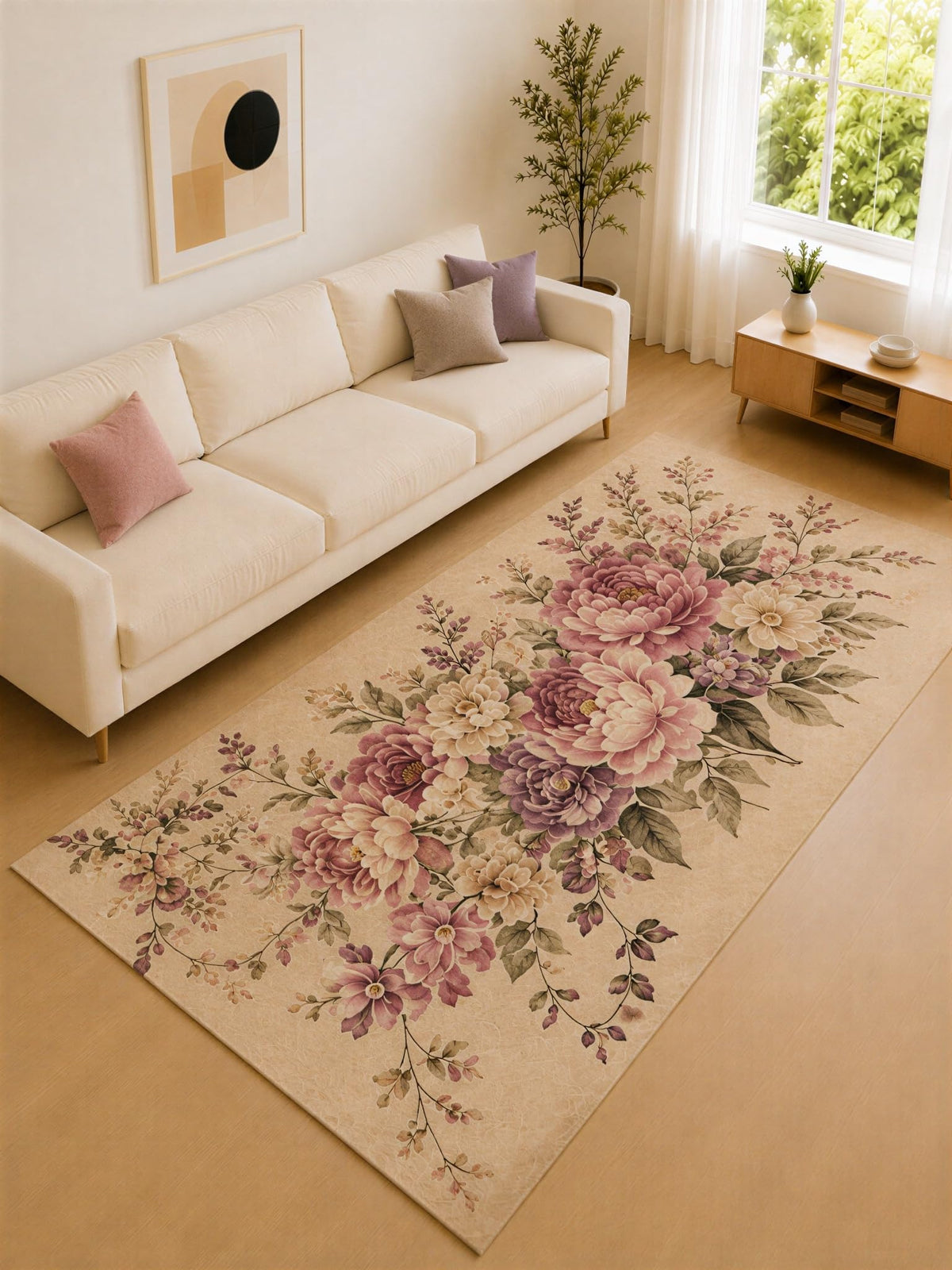 ICE ARMOR "Ultra Lightweight Large 6'7" x 9'10" Beige and Mauve Romantic Bouquet Area Rug for Living Room, Bedroom and Home Office, Soft Low Pile Carpet with Non-Slip Silicone Backing