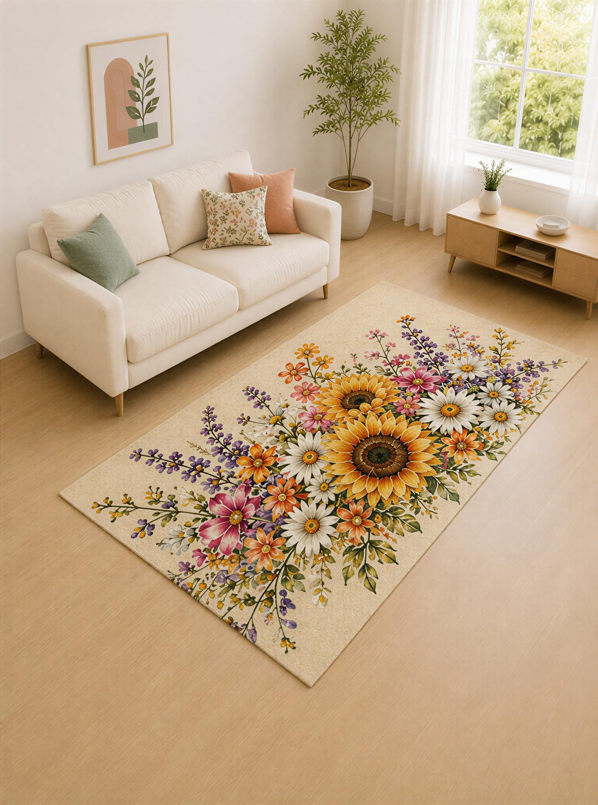 ICE ARMOR "Ultra Lightweight 5' x 7' Cream and Yellow Sunflower Wildflower Area Rug for Living Room, Bedroom and Home Office, Soft Low Pile Carpet with Non-Slip Silicone Backing