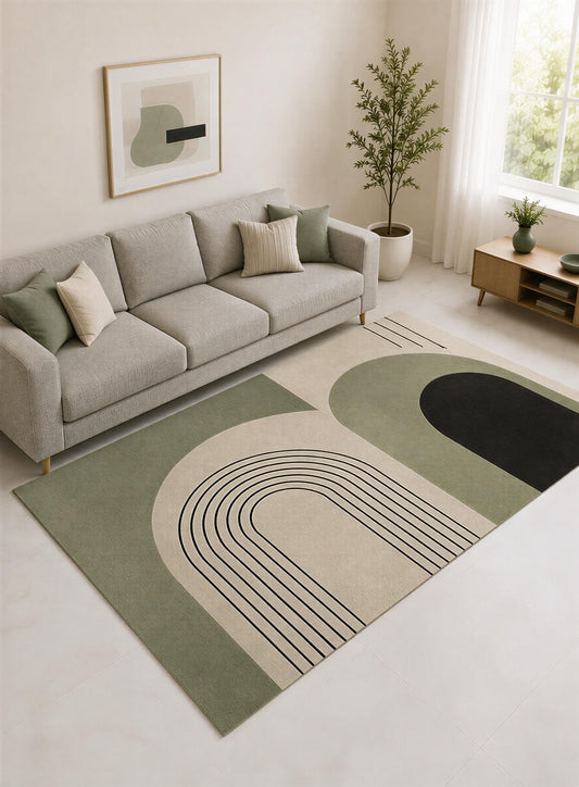 ICE ARMOR "Ultra Lightweight Large 6'7" x 9'10" Sage and Black Modern Arch Lines Area Rug for Living Room, Bedroom and Home Office, Soft Low Pile Carpet with Non-Slip Silicone Backing
