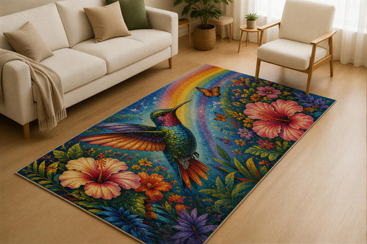 ICE ARMOR 5' x 7' Tropical Hummingbird Hibiscus Area Rug for Living Room, Soft Low Pile Indoor Rug with Non-Slip Silicone Backing, Botanical Nature Carpet for Bedroom, Family Room, Blue Pink