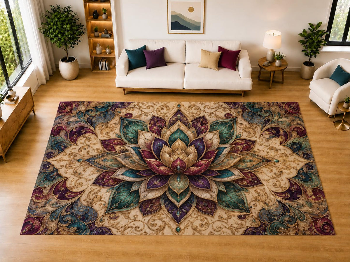 ICE ARMOR "Ultra Light Weight Large 6'7" x 9'10" Regal Lotus Bloom Area Rug for Living Room, Bedroom, Dining Room, Soft Low Pile Non-Slip Backing, Ivory Teal Burgundy Purple