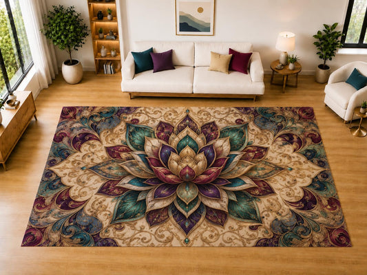 ICE ARMOR "Ultra Light Weight Large 6'7" x 9'10" Regal Lotus Bloom Area Rug for Living Room, Bedroom, Dining Room, Soft Low Pile Non-Slip Backing, Ivory Teal Burgundy Purple