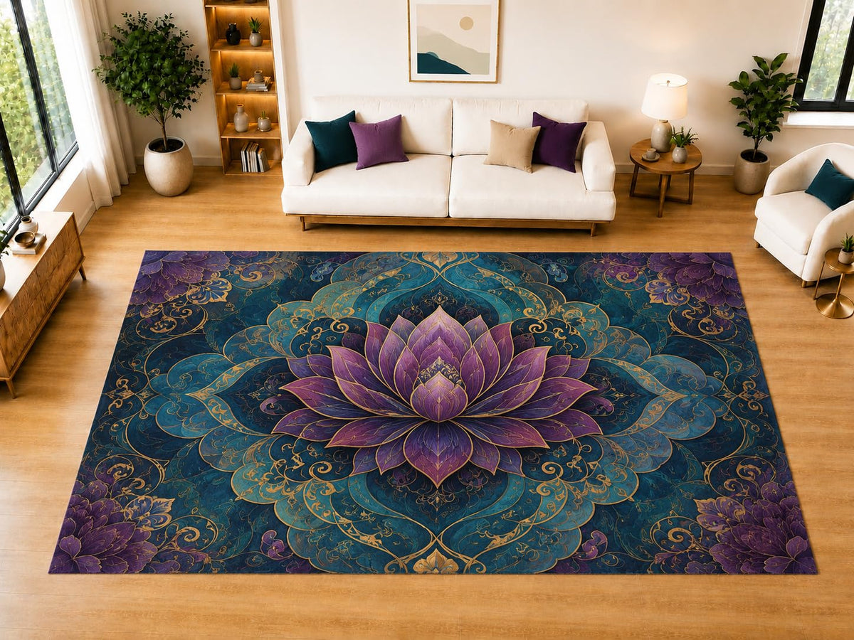 ICE ARMOR "Ultra Light Weight Large 6'7" x 9'10" Purple Lotus Mandala Area Rug for Living Room, Bedroom, Dining Room, Soft Low Pile Non-Slip Backing, Teal Purple Navy