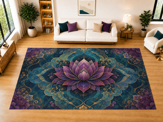 ICE ARMOR "Ultra Light Weight Large 6'7" x 9'10" Purple Lotus Mandala Area Rug for Living Room, Bedroom, Dining Room, Soft Low Pile Non-Slip Backing, Teal Purple Navy