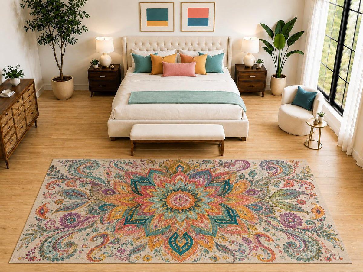ICE ARMOR "Ultra Light Weight Large 6'7" x 9'10" Botanical Medallion Rug, Soft Low Pile Indoor Rug, Non-Slip Silicone Backing for Bedroom Beige