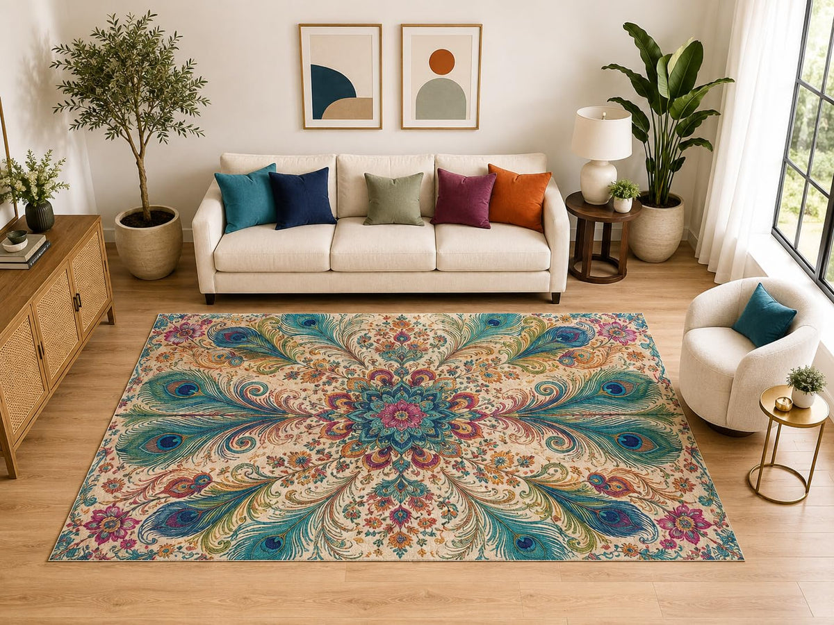 ICE ARMOR "Ultra Light Weight Large 6'7" x 9'10" Peacock Medallion Rug, Soft Low Pile Indoor Rug, Non-Slip Silicone Backing for Living Room Teal