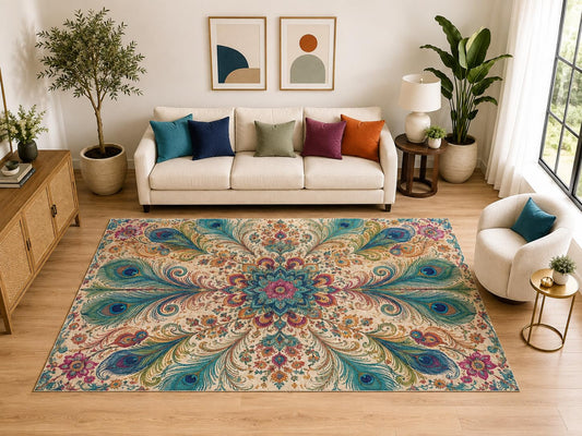ICE ARMOR "Ultra Light Weight Large 6'7" x 9'10" Peacock Medallion Rug, Soft Low Pile Indoor Rug, Non-Slip Silicone Backing for Living Room Teal