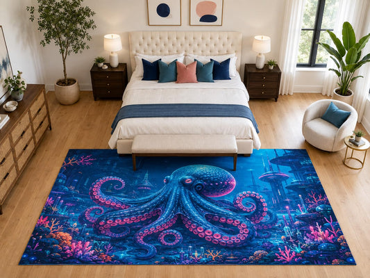 ICE ARMOR "Ultra Light Weight Large 6'7" x 9'10" Neon Octopus City Rug Bedroom, Soft Low Pile Indoor Rug and Non-Slip Silicone Backing, Deep Blue