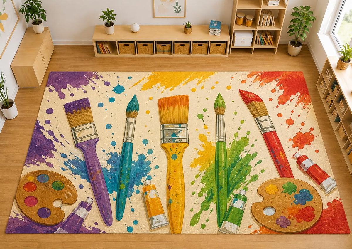 ICE ARMOR Large 6'7" x 9'10" Art Paint Brushes Area Rug, Soft Low Pile Indoor Rug with Non-Slip Silicone Backing for Kids Room and Playroom, Ivory
