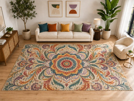 ICE ARMOR "Ultra Light Weight Large 6'7" x 9'10" Boho Floral Mandala Rug, Soft Low Pile Indoor Rug, Non-Slip Silicone Backing for Living Room Beige