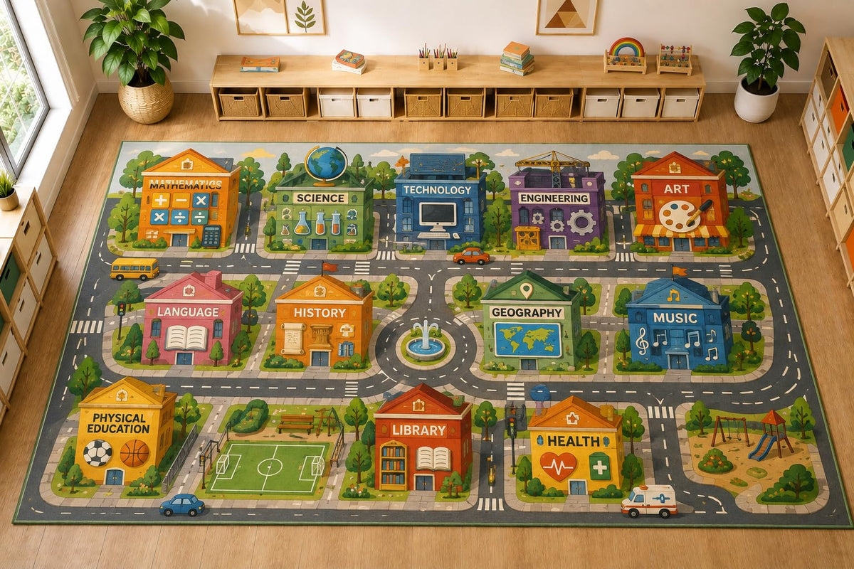 ICE ARMOR Large 6'7" x 9'10" School Subjects City Area Rug, Soft Low Pile Indoor Rug with Non-Slip Silicone Backing for Kids Room Playroom, Gray