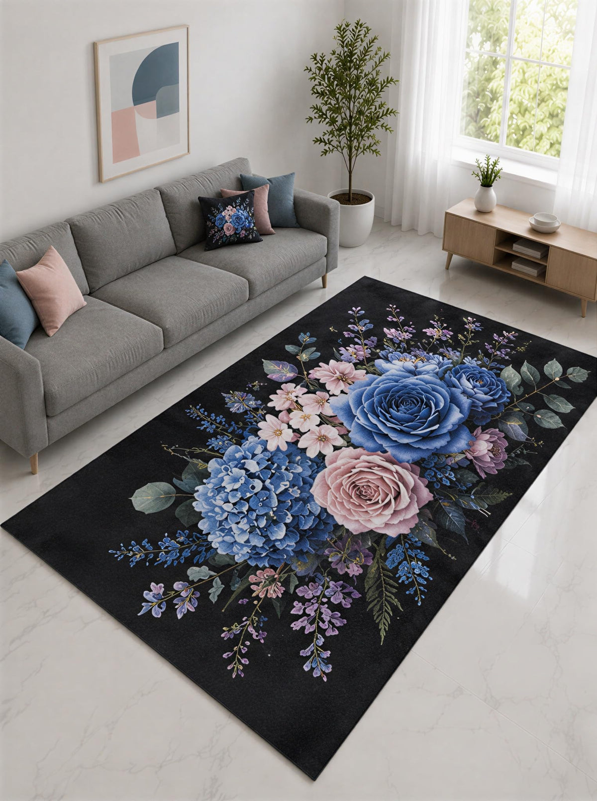 ICE ARMOR "Ultra Lightweight Large 6'7" x 9'10" Blue and Pink Rose Hydrangea Bouquet Area Rug for Living Room, Bedroom and Home Office, Soft Low Pile Carpet with Non-Slip Silicone Backing