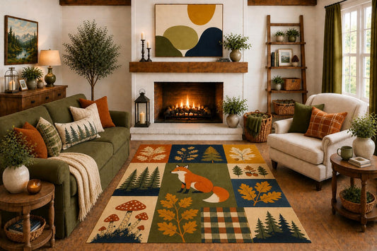 ICE ARMOR "Ultra Light Weight 5' x 7' Rustic Fox Patchwork Area Rug, Woodland Forest Fall Leaves Design for Living Room Cabin Bedroom, Non-Slip Silicone Backing Low Pile