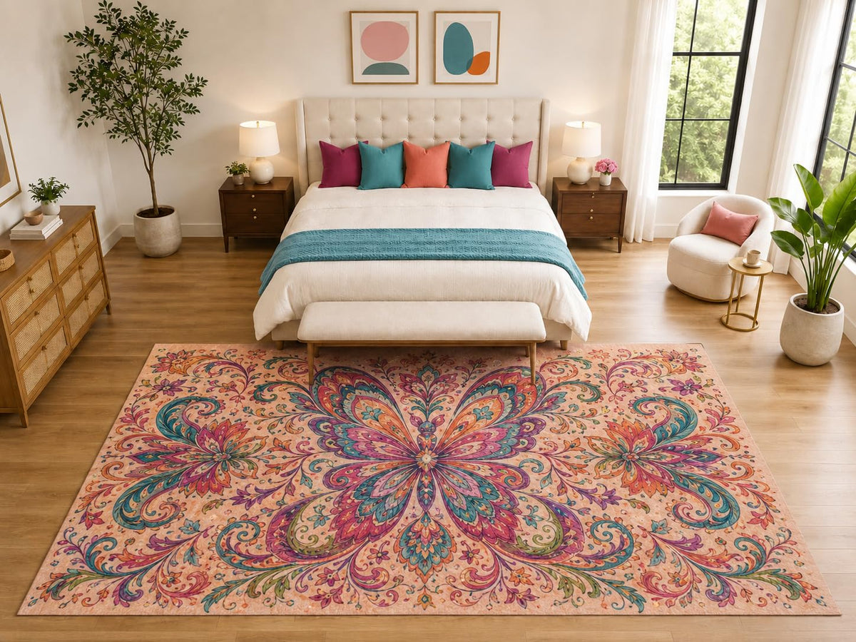ICE ARMOR "Ultra Light Weight Large 6'7" x 9'10" Butterfly Floral Rug, Soft Low Pile Indoor Rug, Non-Slip Silicone Backing for Kids Room Peach