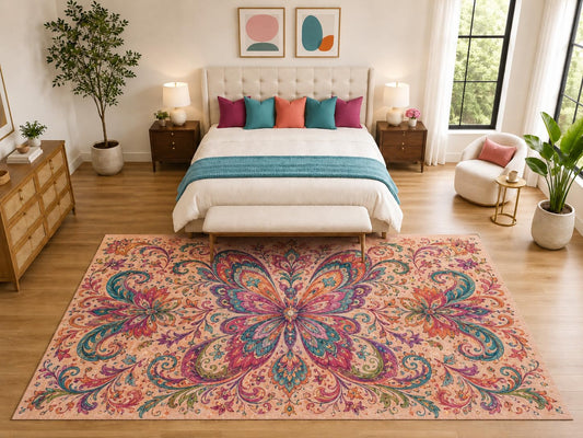 ICE ARMOR "Ultra Light Weight Large 6'7" x 9'10" Butterfly Floral Rug, Soft Low Pile Indoor Rug, Non-Slip Silicone Backing for Kids Room Peach