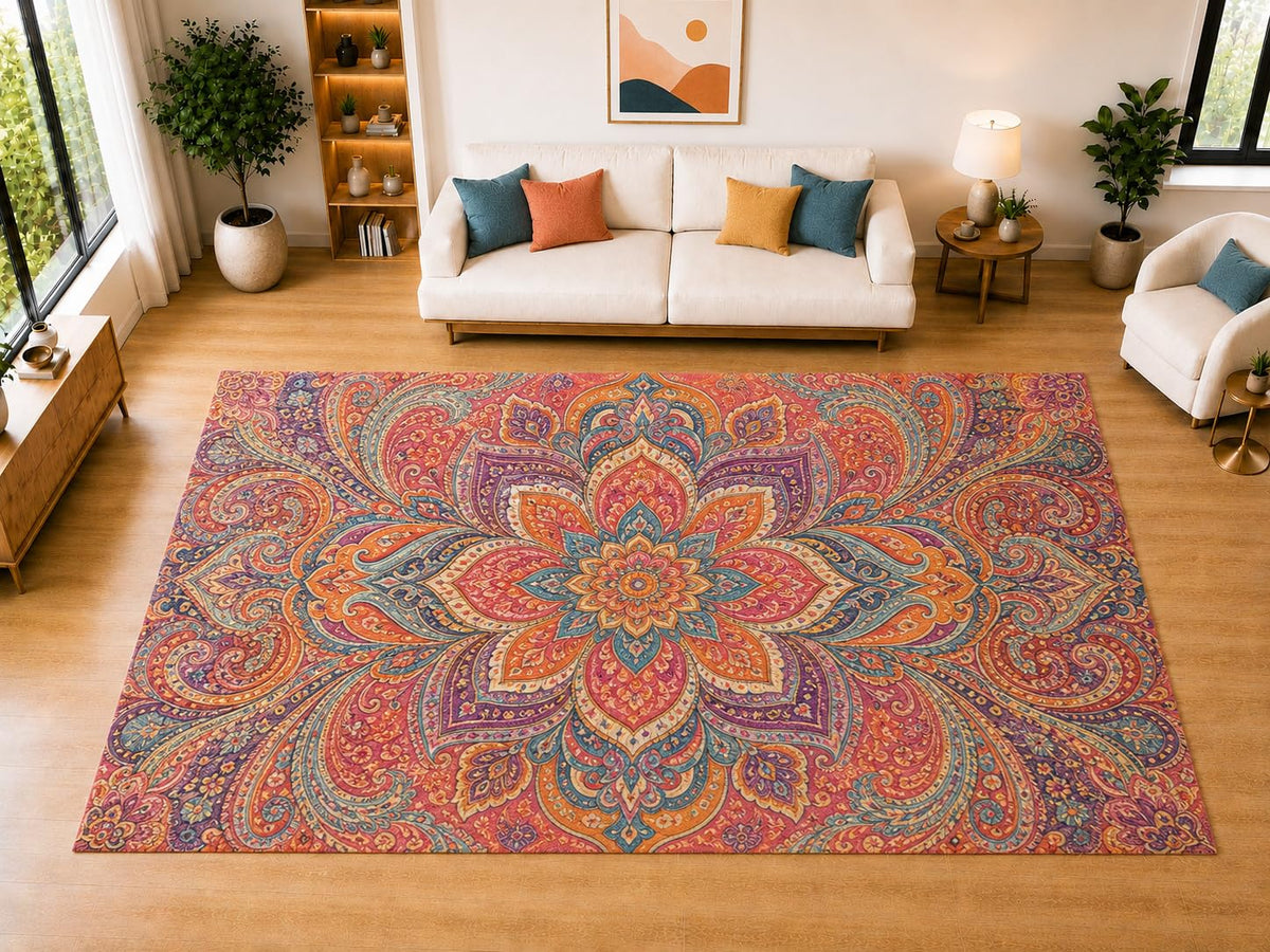 ICE ARMOR "Ultra Light Weight Large 6'7" x 9'10" Bohemian Paisley Bloom Area Rug for Living Room, Bedroom, Dining Room, Soft Low Pile Non-Slip Backing, Coral Teal Purple