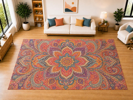 ICE ARMOR "Ultra Light Weight Large 6'7" x 9'10" Bohemian Paisley Bloom Area Rug for Living Room, Bedroom, Dining Room, Soft Low Pile Non-Slip Backing, Coral Teal Purple