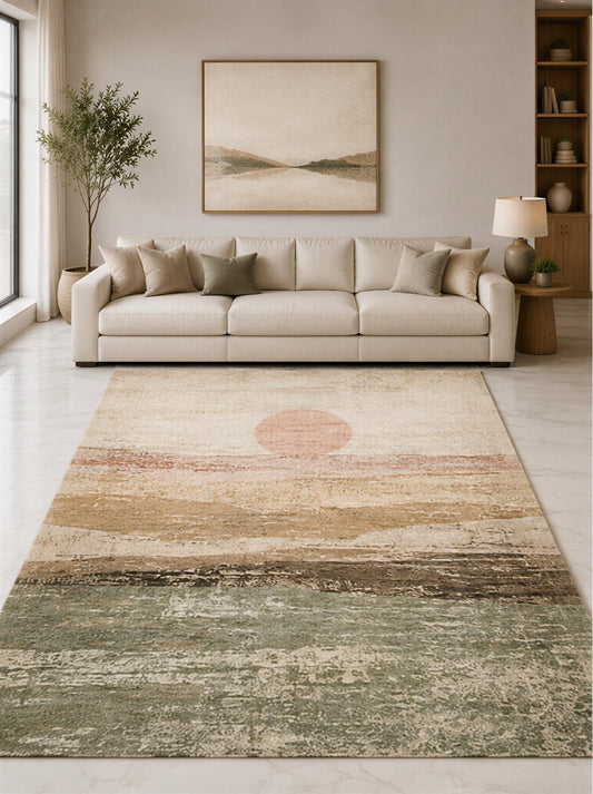 ICE ARMOR "Ultra Lightweight Large 6'7" x 9'10" Beige and Sage Vintage Sunset Horizon Area Rug for Living Room, Bedroom and Home Office, Soft Low Pile Carpet with Non-Slip Silicone Backing