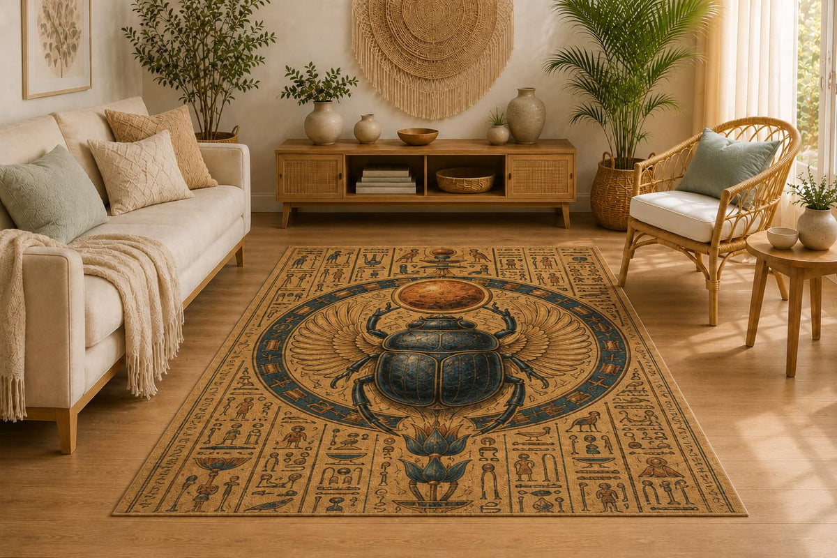 ICE ARMOR 5' x 7' Egyptian Scarab Area Rug, Soft Low Pile Indoor Rug with Non-Slip Silicone Backing, Decorative Carpet for Living Room, Bedroom, Office