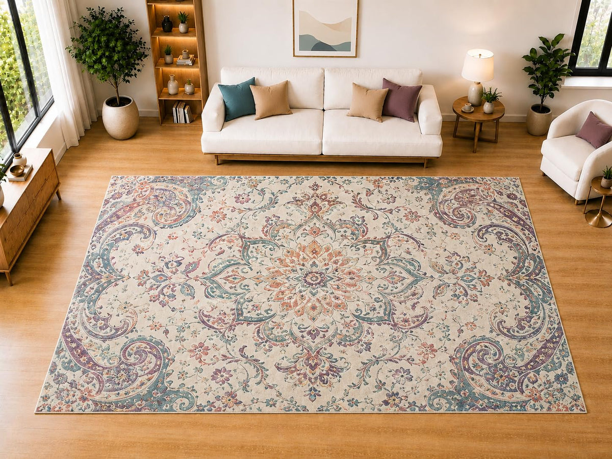 ICE ARMOR "Ultra Light Weight Large 6'7" x 9'10" Vintage Lotus Paisley Area Rug for Living Room, Bedroom, Dining Room, Soft Low Pile Non-Slip Backing, Teal Terracotta Blue